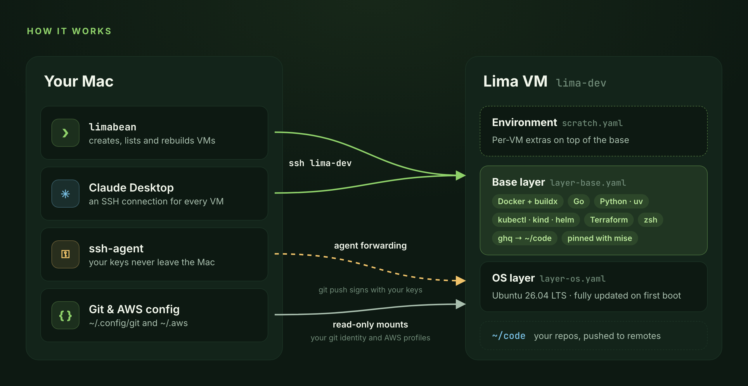 Your Mac connects to the Lima VM over ssh lima-dev, forwards its ssh-agent and mounts the git config read-only. The VM is built from an OS layer, a base layer and an environment.