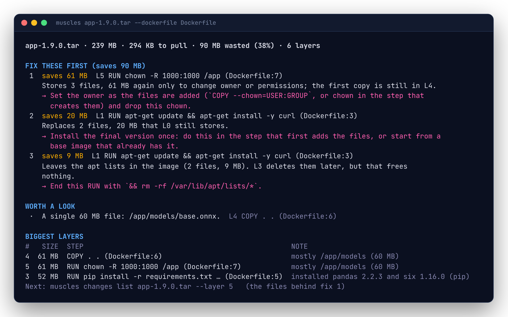 muscles images inspect: the fixes that save the most, each with its layer, Dockerfile line, problem and change