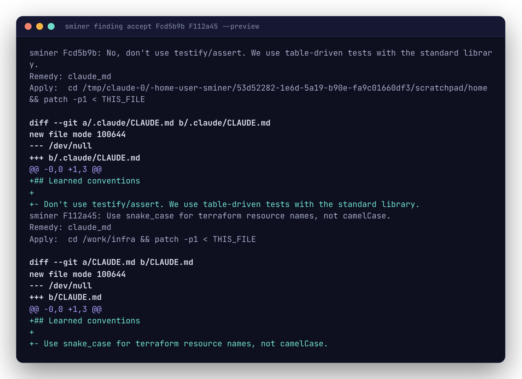 sminer finding accept --preview: the patch with additions in teal and hunk headers in violet.