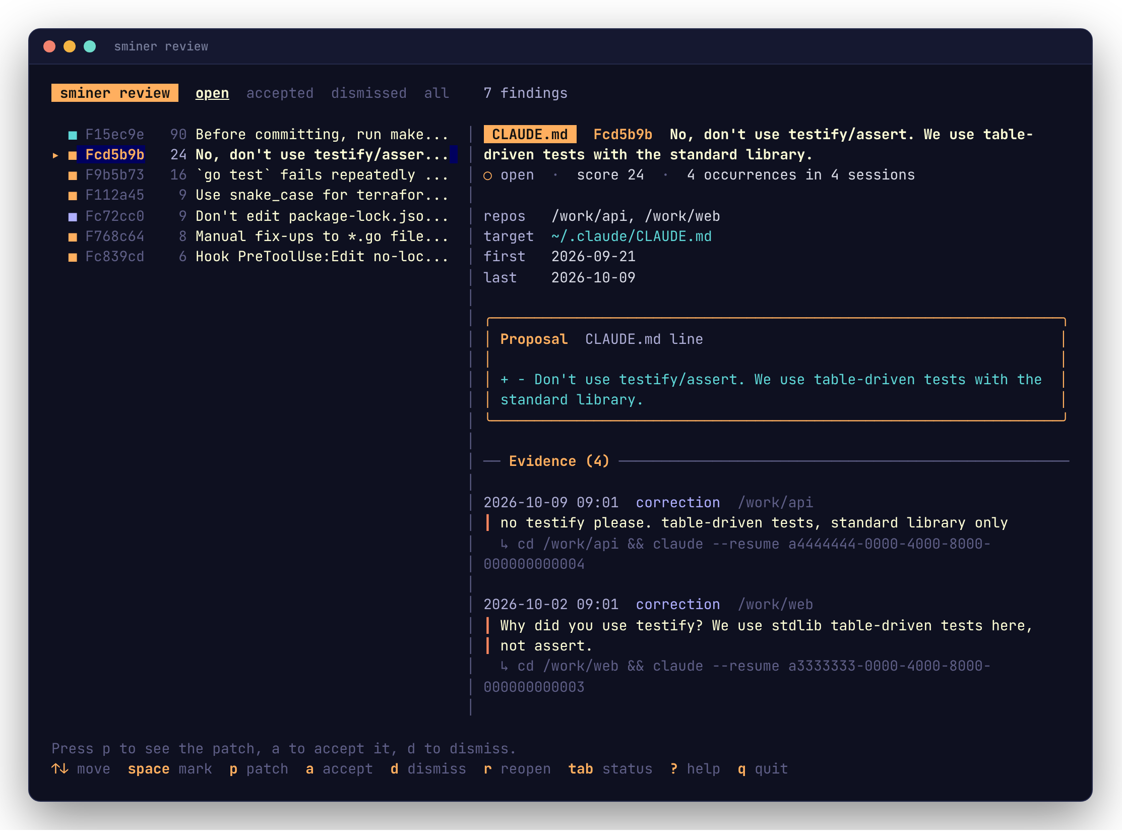 sminer review: the findings list beside the selected finding's card.