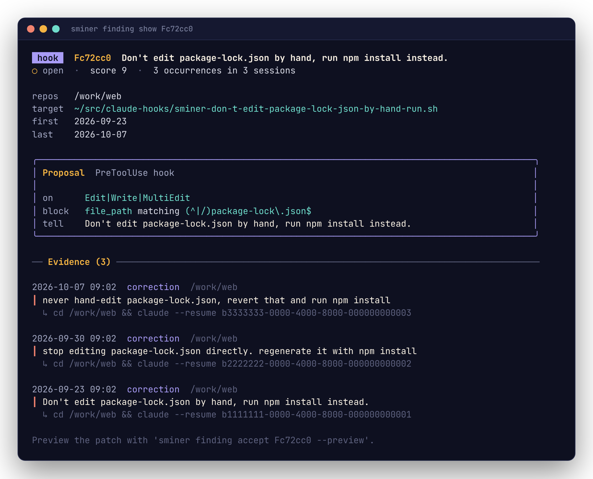 sminer finding show: the finding as a card, with its proposal boxed and every excerpt quoted.