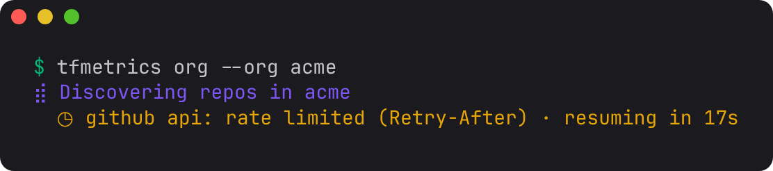 tfmetrics waiting out a GitHub rate limit, with a countdown