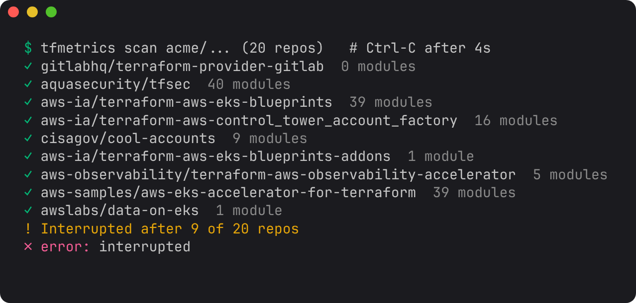 tfmetrics scan interrupted with Ctrl-C after 9 of 20 repos