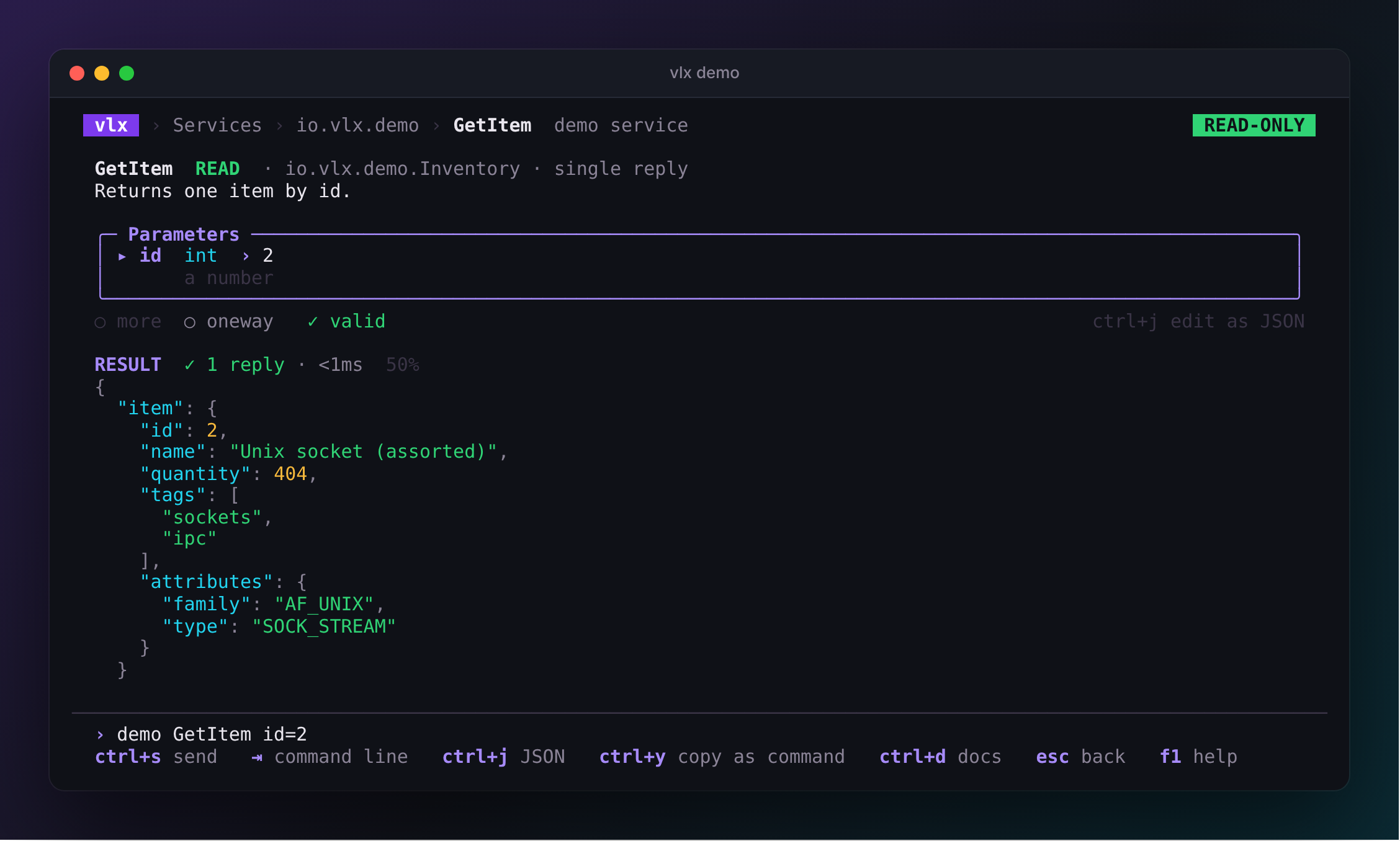 A method page: a form built from the IDL, the result and the command line