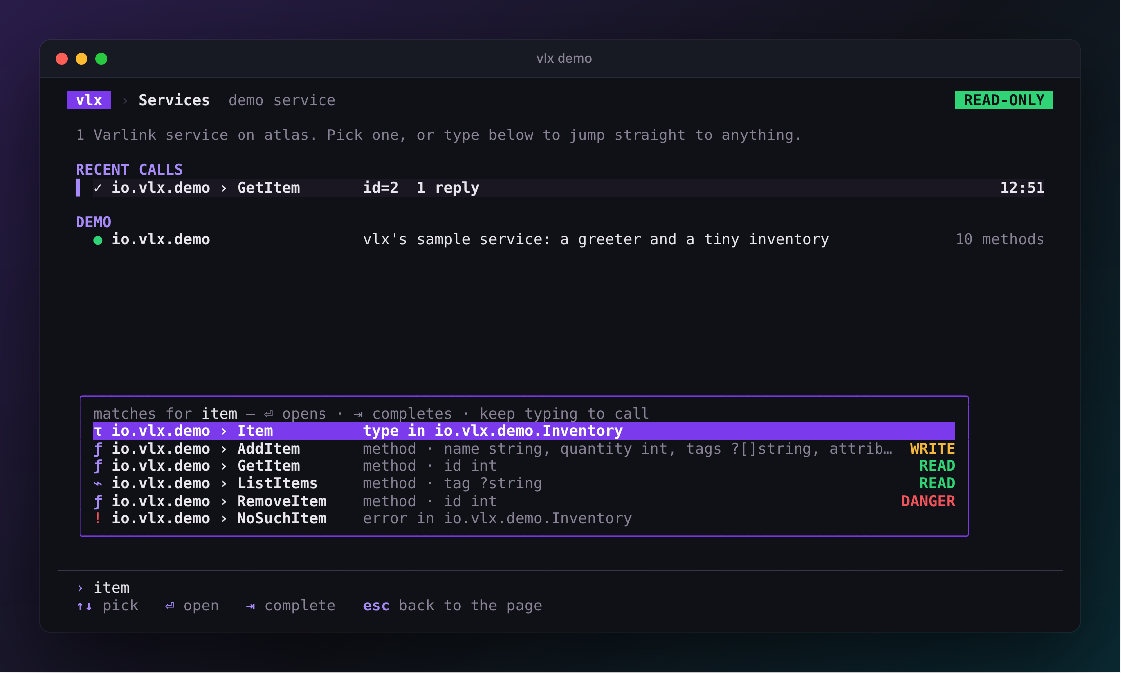 Searching from the command line: matches across every service as you type