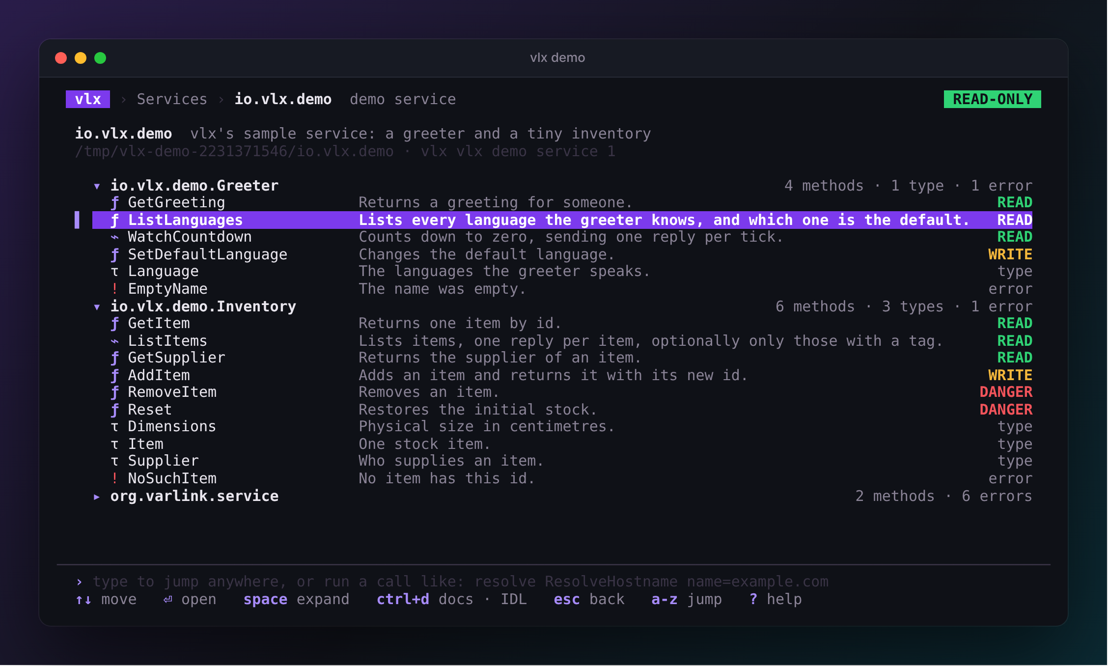 A service page: interfaces with their methods, types and errors, each with a safety class